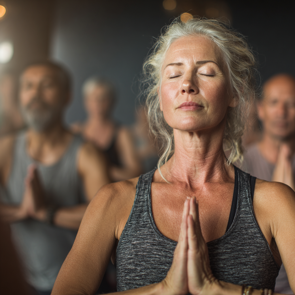 Experienced yoga instructor in her forties demonstrating proper breathing technique to mature students