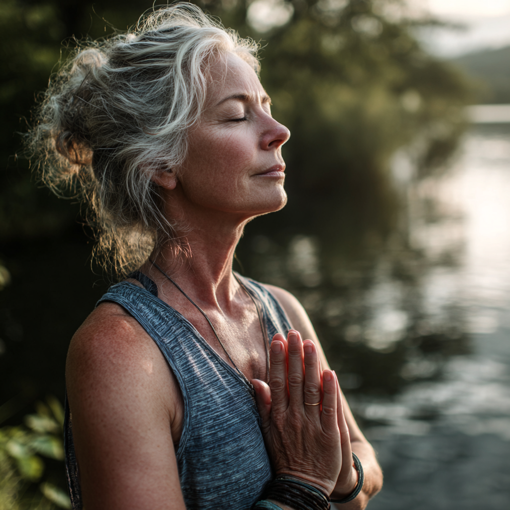 Woman in her fifties practicing gentle yoga poses in serene natural setting